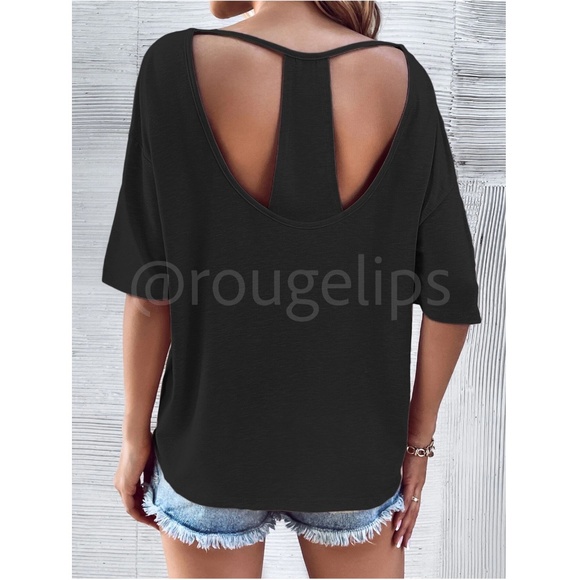 Black Tee Shirt Cut Put Mock Racer Back Batwing Sleeve Loose Fit Boat Neck - Picture 3 of 7